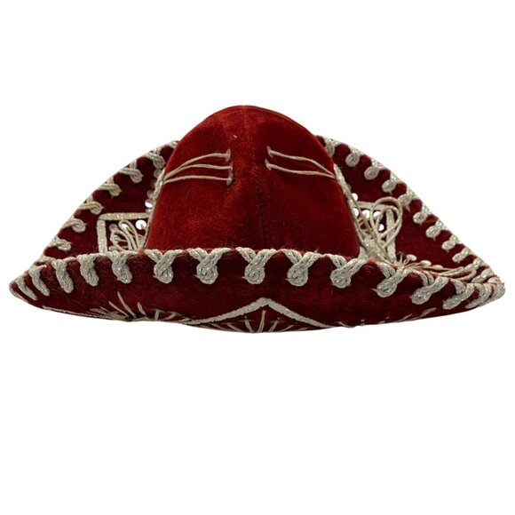 Pigalle Red SOMBRERO XXXX Vtg Small Mexican Mariachi Hat Sequined Embroidered - Picture 4 of 10